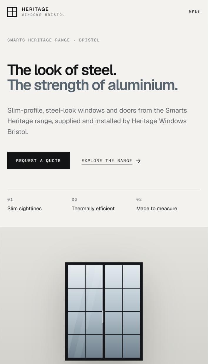 The Heritage Windows demo site on a phone: The look of steel, the strength of aluminium